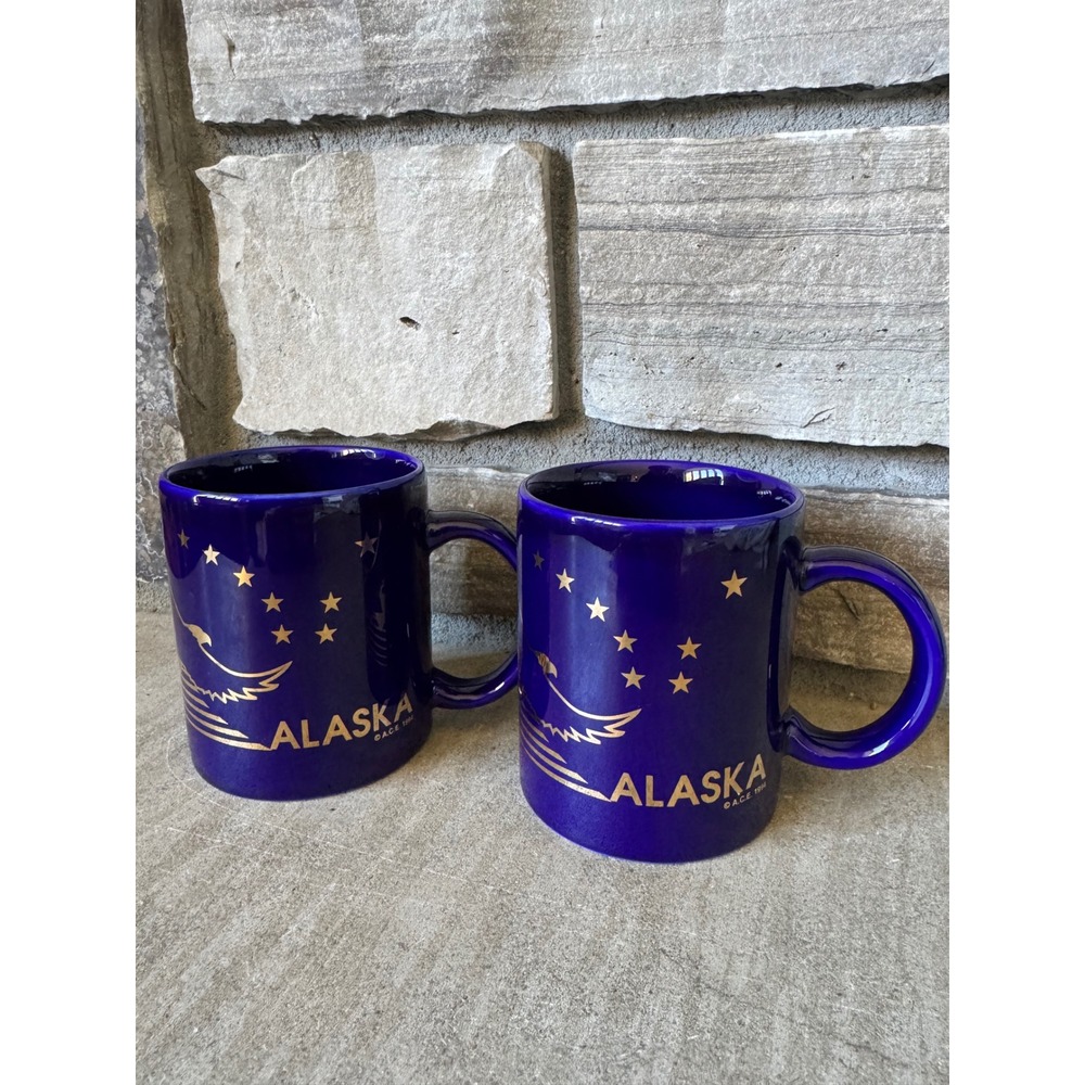Vintage 1994 Alaska Coffee Mug Set 2 Cobalt Blue Gold Eagle Big Dipper ACE 90s - Picture 3 of 5